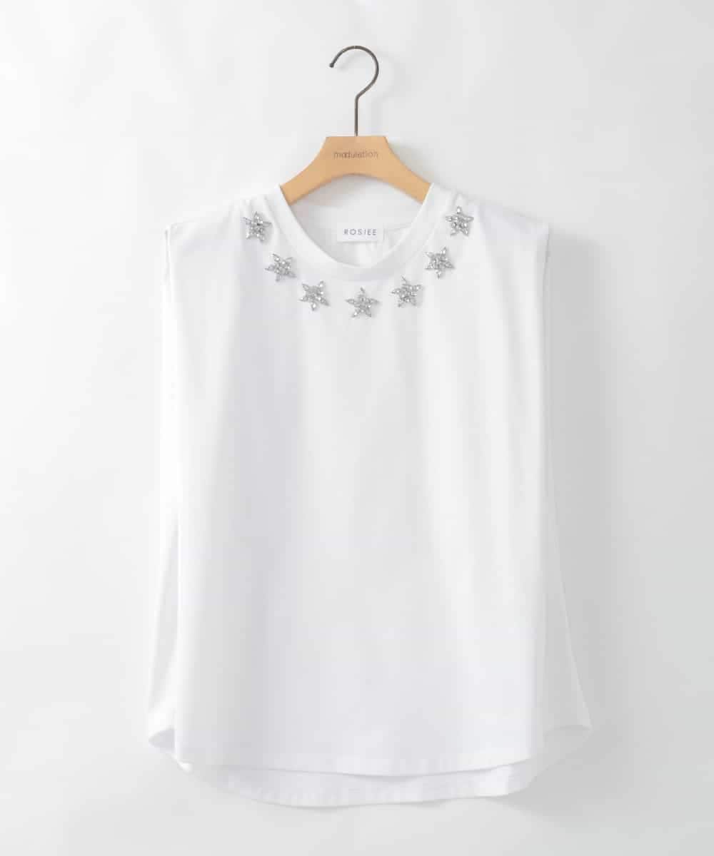 ZMKGE42110 al'aise modulation(アレーズモジュレーション) ビジューアクセントノースリーブカットソー ホワイト