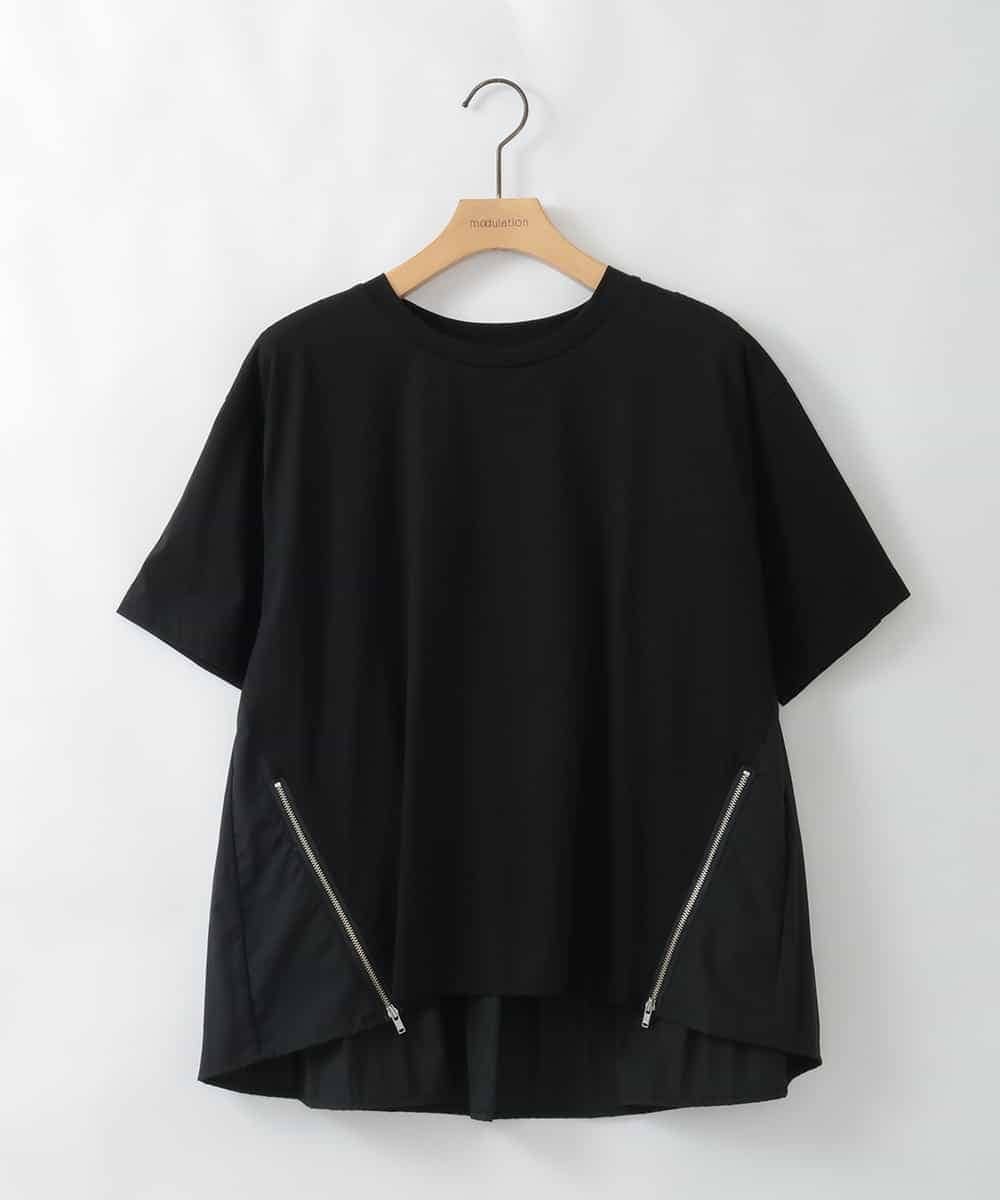 ZMKGE44110 al'aise modulation(アレーズモジュレーション) 【洗える/接触冷感】サイドファスナーバックプリーツジョイントTシャツ ブラック