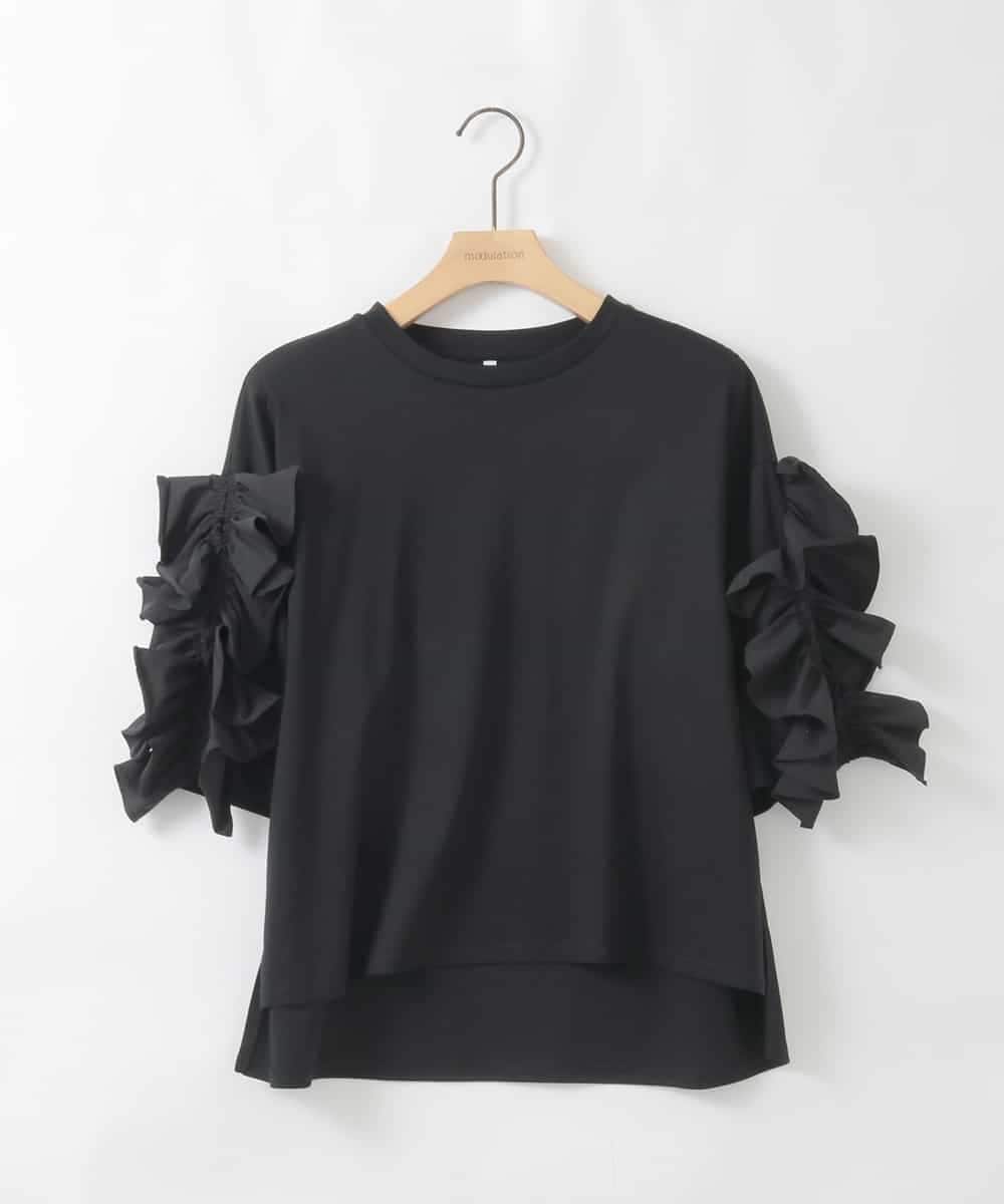 ZMKGE53110 al'aise modulation(アレーズモジュレーション) ギャザーフリルスリーブコットンカットソー ブラック