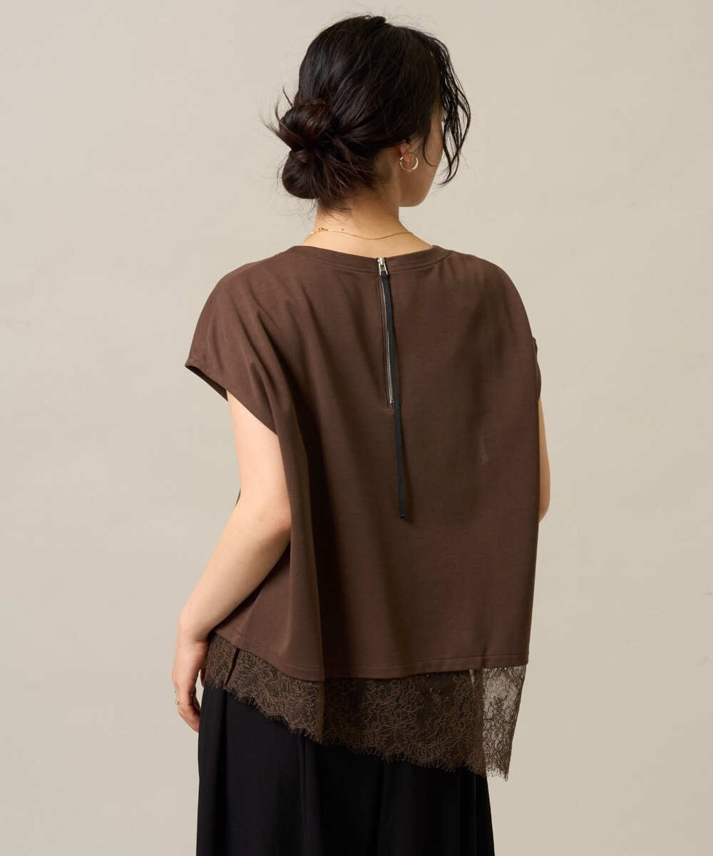 ZMKHE12068 al'aise modulation(アレーズモジュレーション) 裾レースフレンチスリーブTシャツ ブラウン