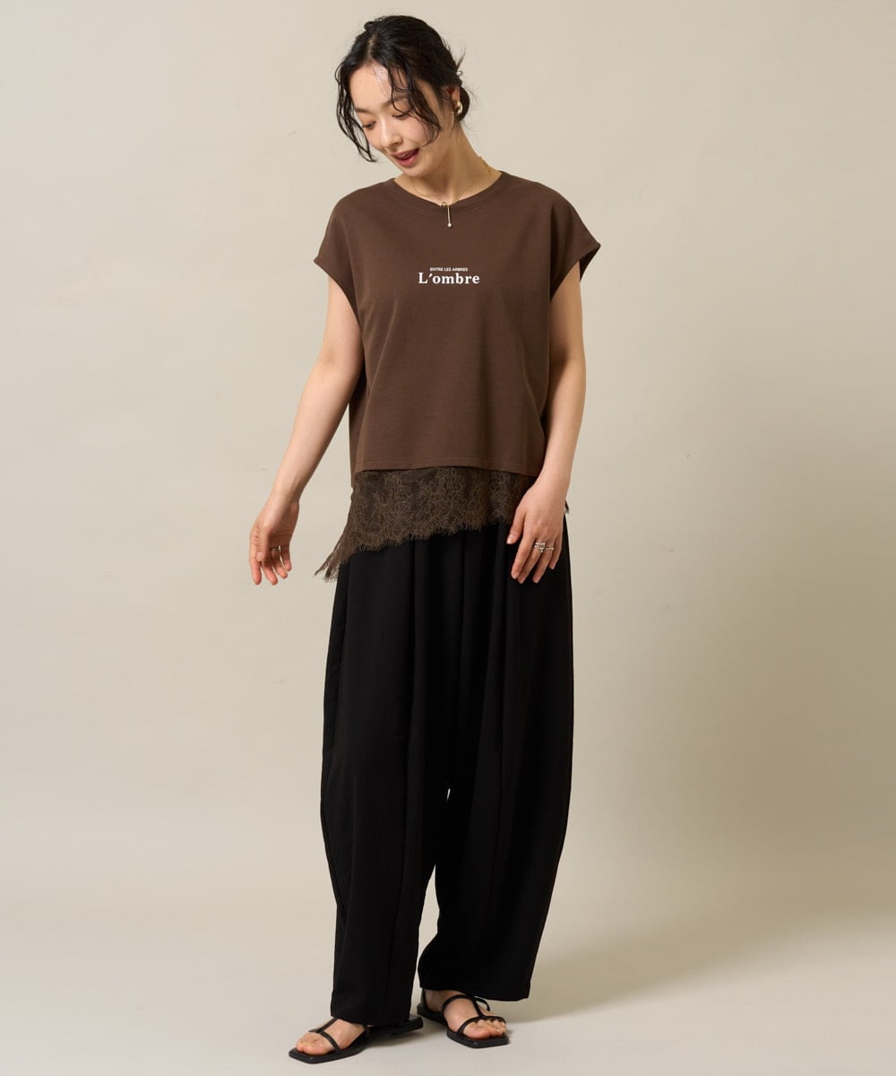 ZMKHE12068 al'aise modulation(アレーズモジュレーション) 裾レースフレンチスリーブTシャツ ブラウン