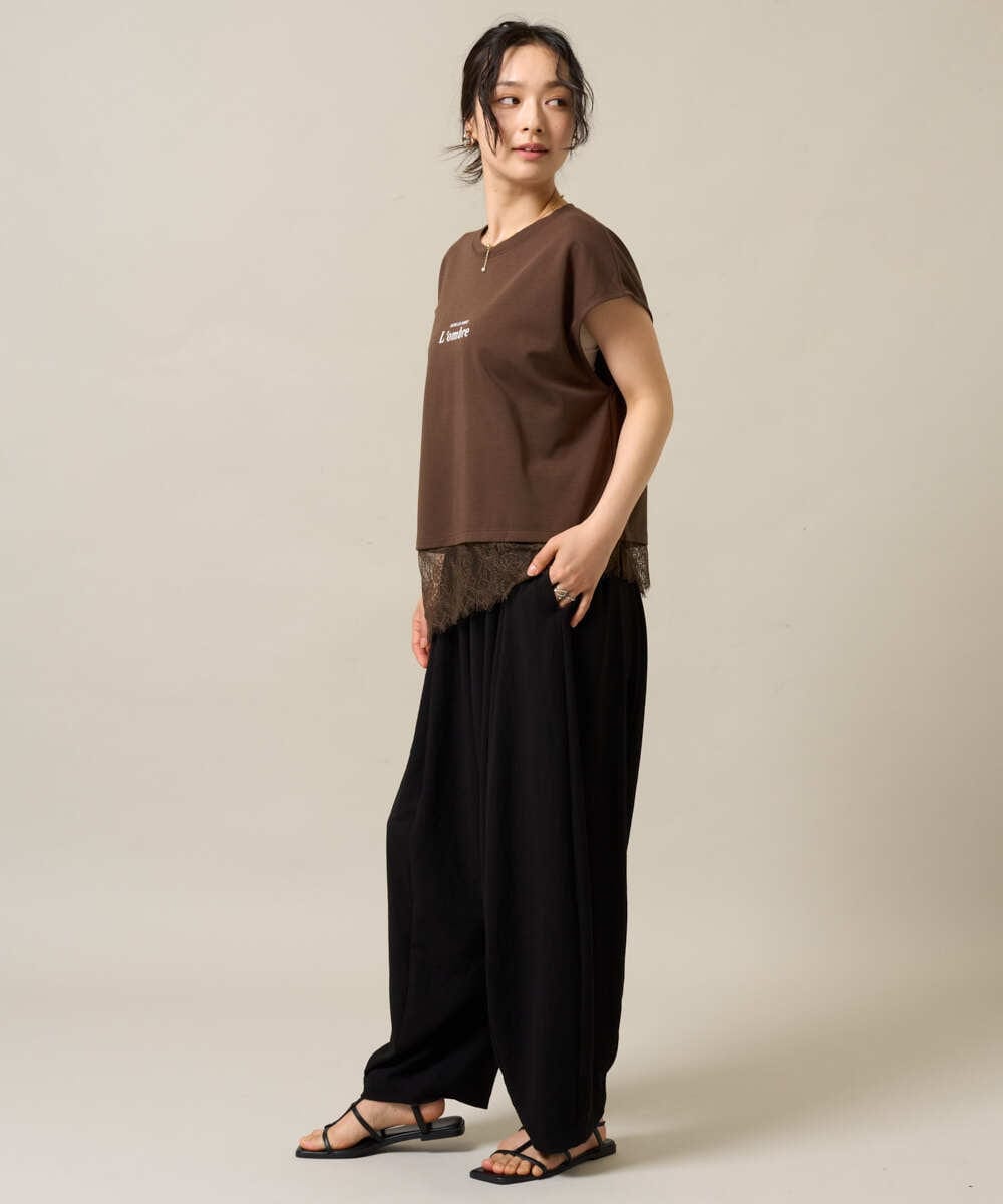 ZMKHE12068 al'aise modulation(アレーズモジュレーション) 裾レースフレンチスリーブTシャツ ブラウン