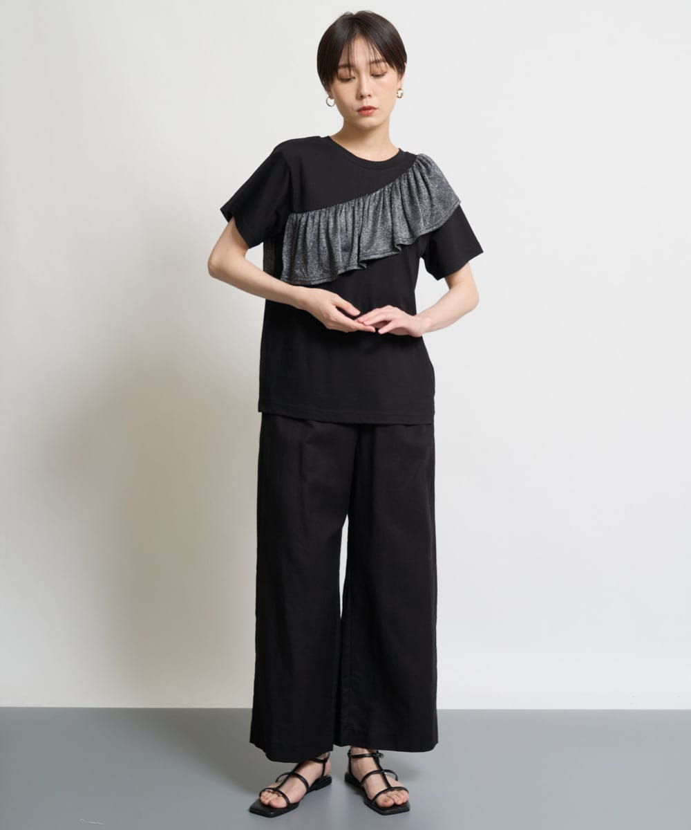 ZMKHW35059 al'aise modulation(アレーズモジュレーション) 【洗える】ラメフリルTシャツ ブラック