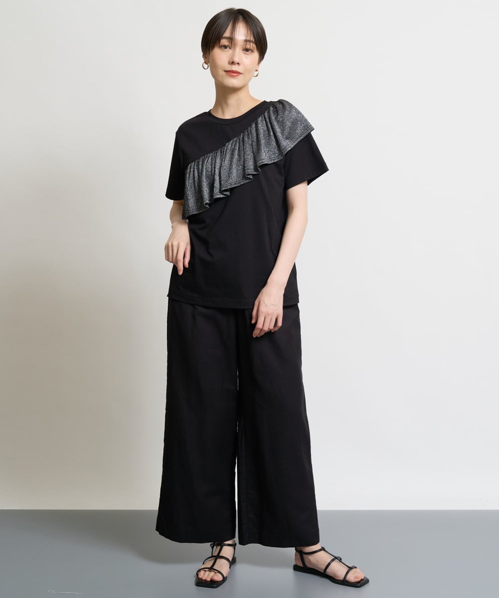 ZMKHW35059 al'aise modulation(アレーズモジュレーション) 【洗える】ラメフリルTシャツ ブラック