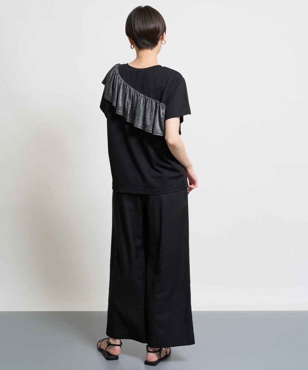 ZMKHW35059 al'aise modulation(アレーズモジュレーション) 【洗える】ラメフリルTシャツ ブラック