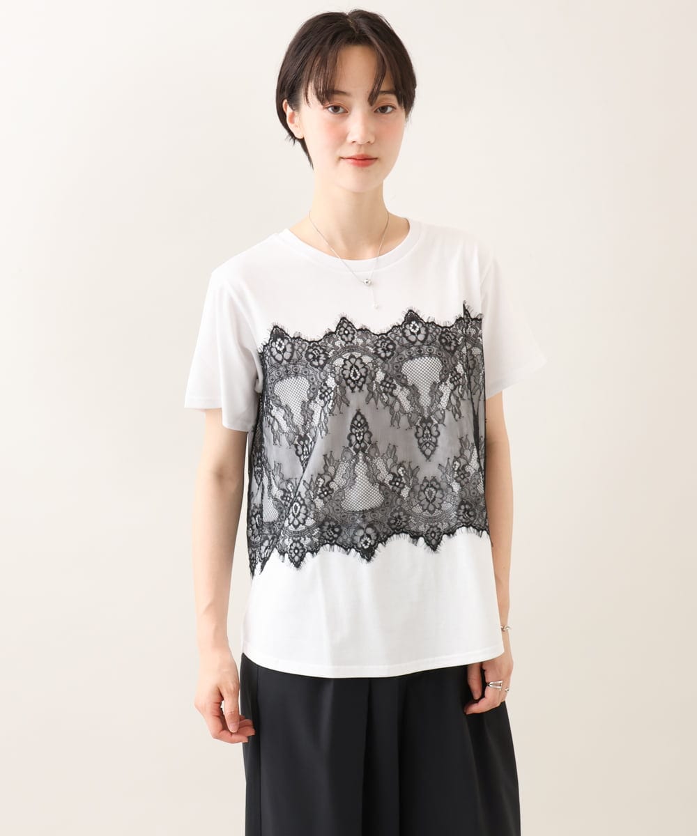 ZMKIE06110 al'aise modulation(アレーズモジュレーション) レースジョイントコットンTシャツ ホワイト