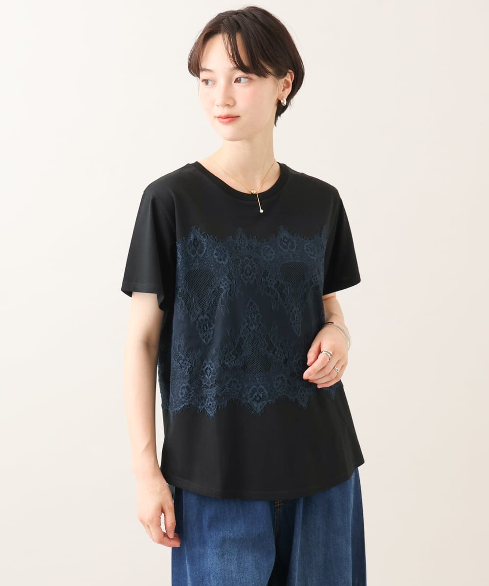ZMKIE06110 al'aise modulation(アレーズモジュレーション) レースジョイントコットンTシャツ ブラック