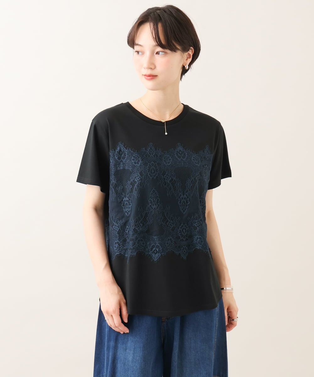 ZMKIE06110 al'aise modulation(アレーズモジュレーション) レースジョイントコットンTシャツ ブラック