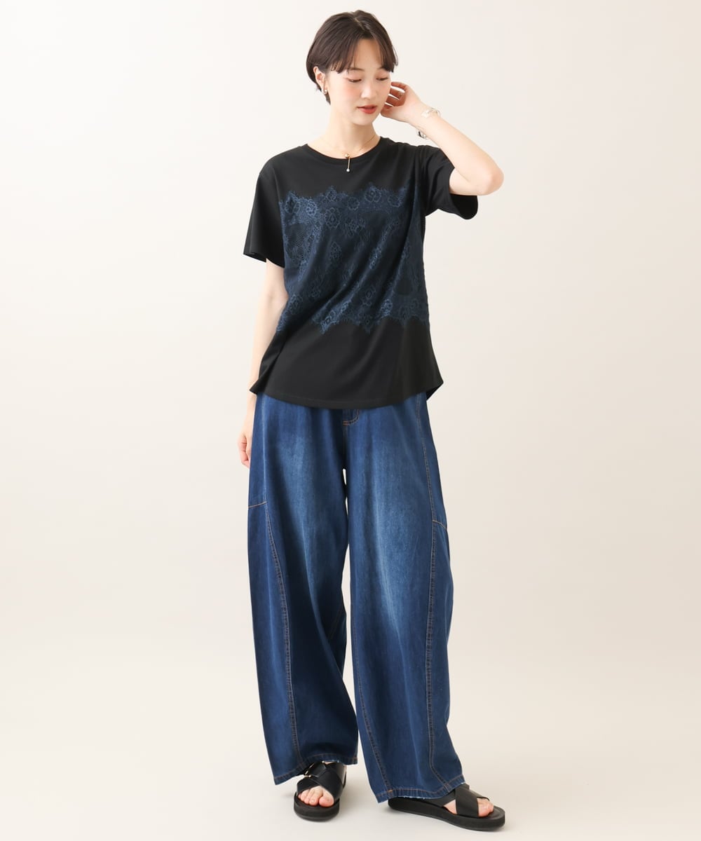 ZMKIE06110 al'aise modulation(アレーズモジュレーション) レースジョイントコットンTシャツ ブラック