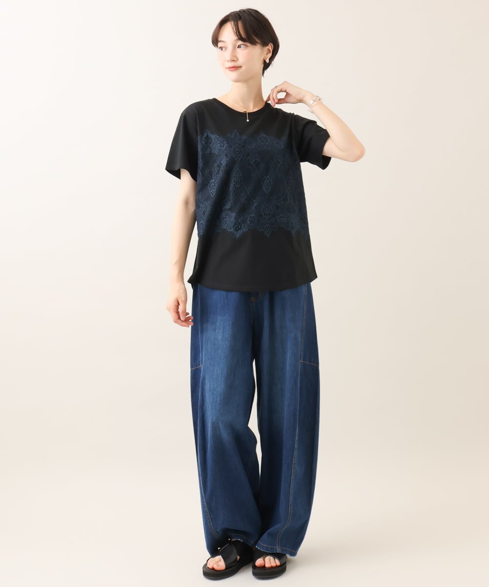 ZMKIE06110 al'aise modulation(アレーズモジュレーション) レースジョイントコットンTシャツ ブラック
