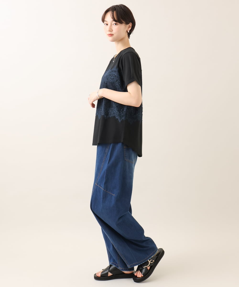 ZMKIE06110 al'aise modulation(アレーズモジュレーション) レースジョイントコットンTシャツ ブラック