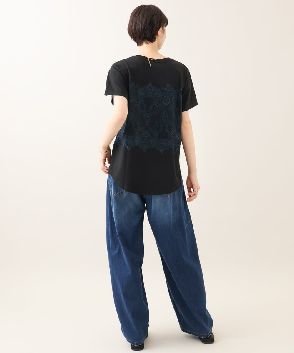 ZMKIE06110 al'aise modulation(アレーズモジュレーション) レースジョイントコットンTシャツ ブラック