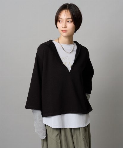 ZMKJE05140 al'aise modulation Vネックフーディーショート丈カットソー