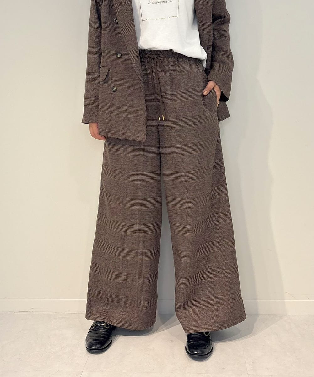 ZMLAE35100 al'aise modulation(アレーズモジュレーション) 【セットアップ対応・洗える】ウエストゴムチェック柄ワイドパンツ ブラウン