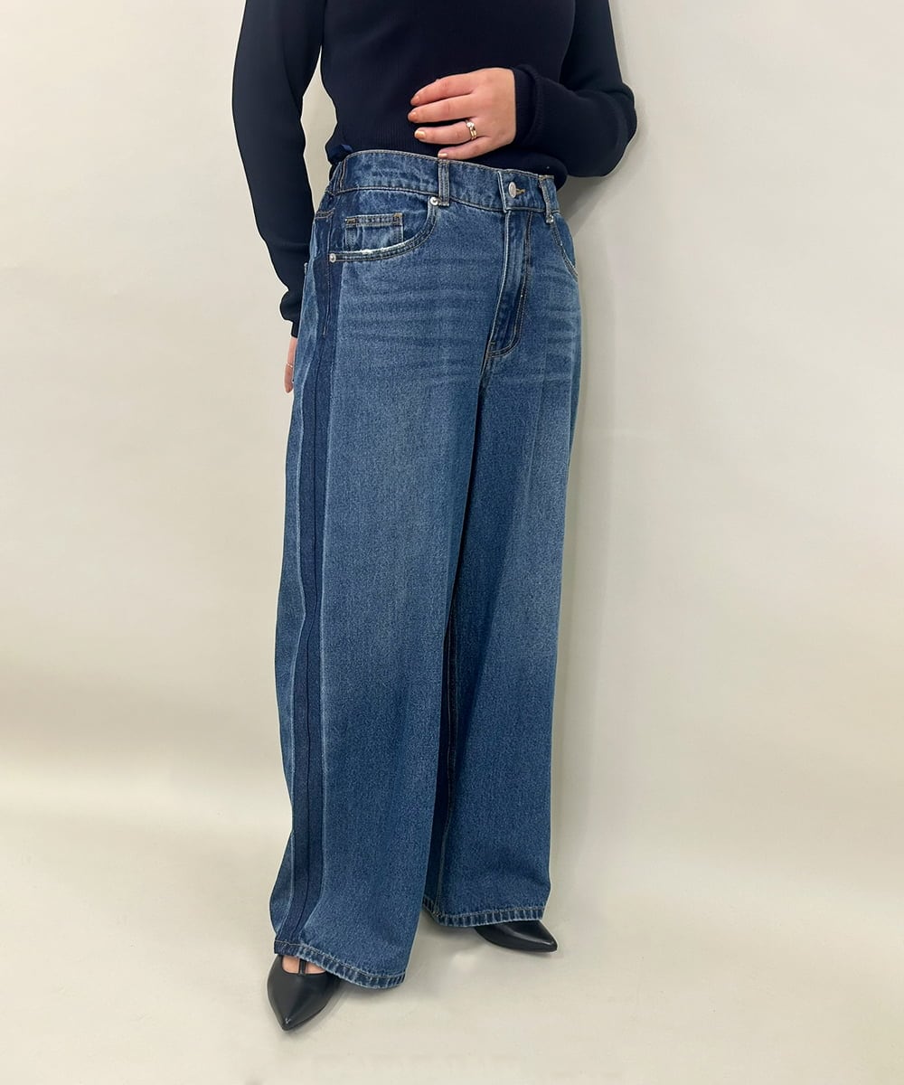 ZMLAE47140 al'aise modulation(アレーズモジュレーション) サイドラインバレルレッグデニムパンツ ネイビー