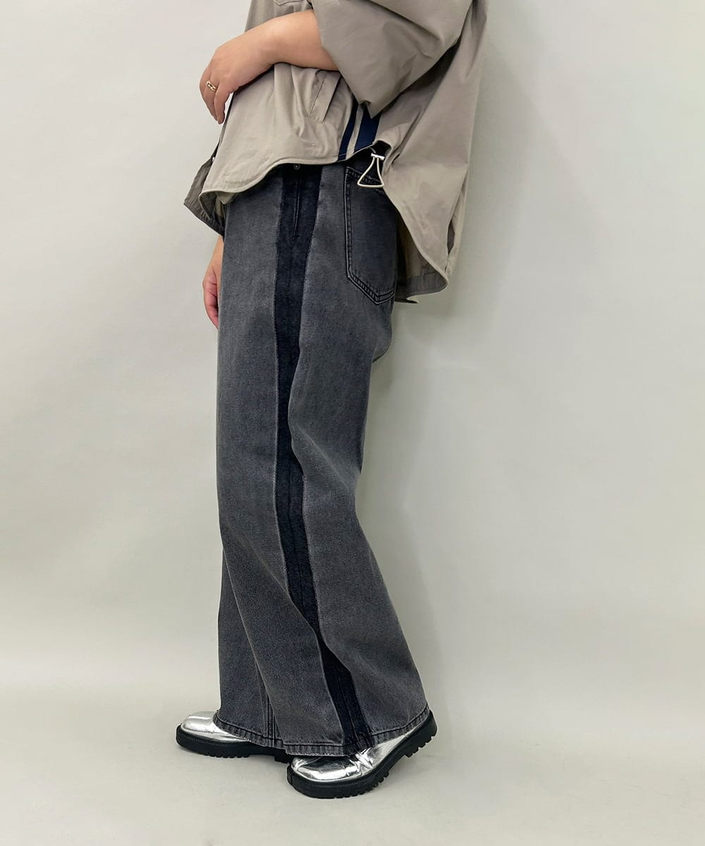 ZMLAE47140 al'aise modulation(アレーズモジュレーション) サイドラインバレルレッグデニムパンツ ブラック