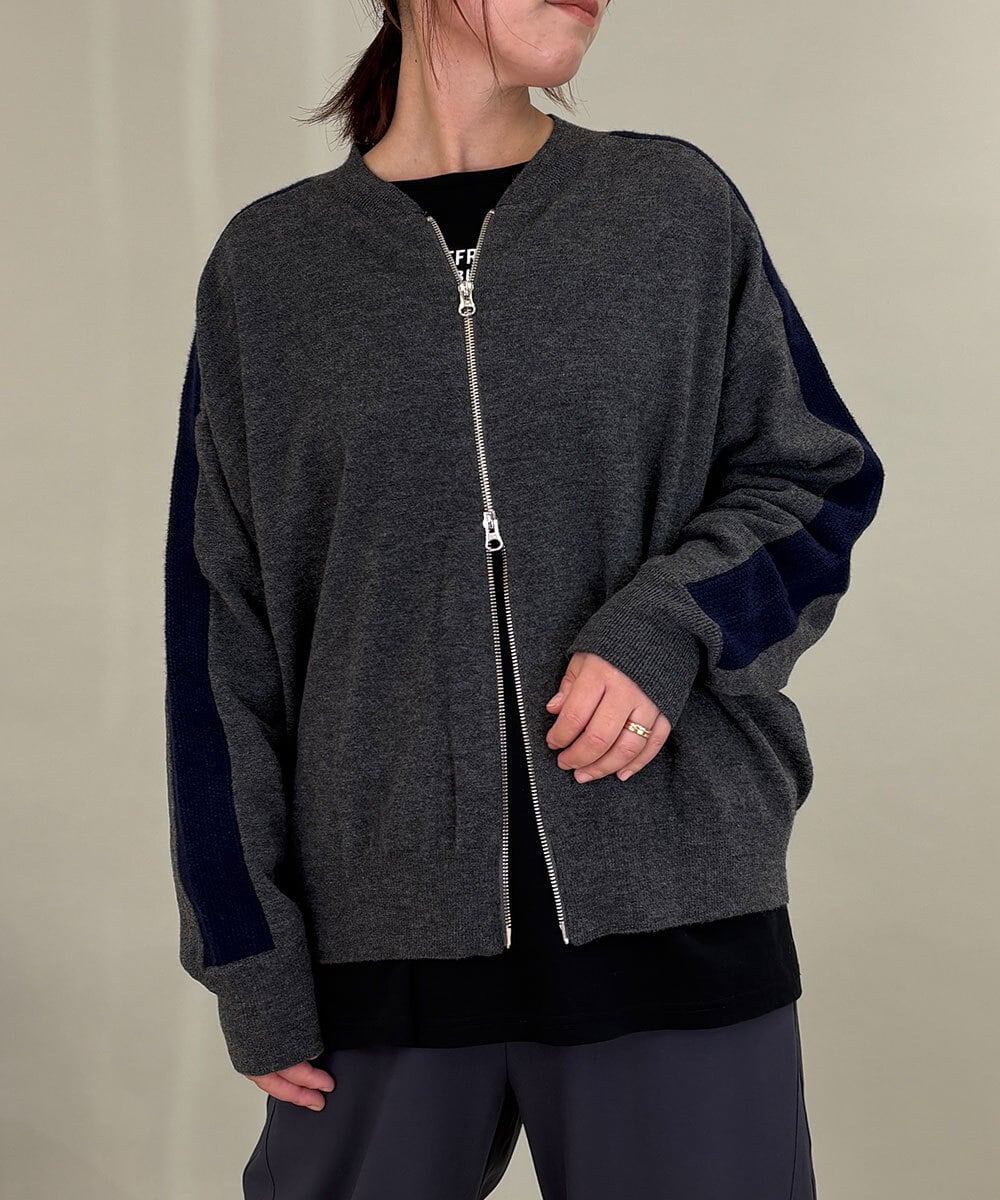 ZMSAE23180 al'aise modulation(アレーズモジュレーション) 配色ラインジップアップニットジャケット ダークグレー