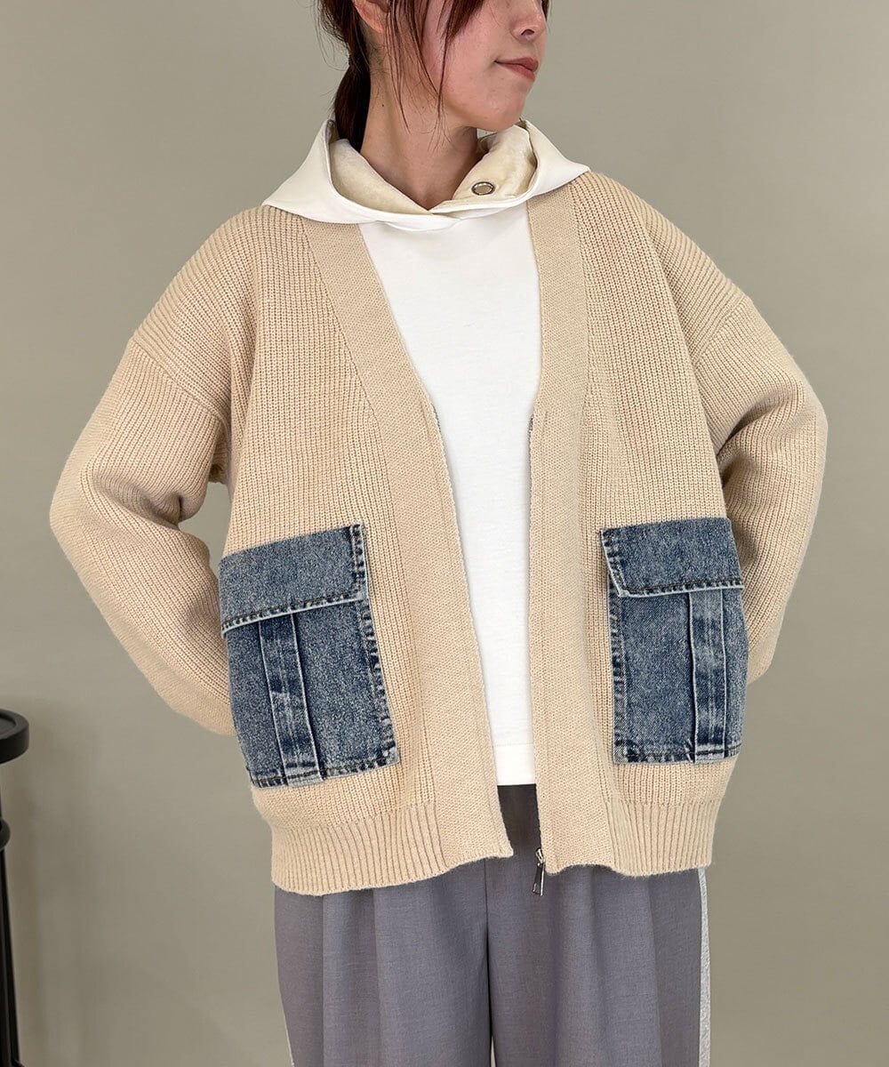 ZMSCE02130 al'aise modulation(アレーズモジュレーション) 【洗える】デニムポケット付きジップアップカーディガン アイボリー