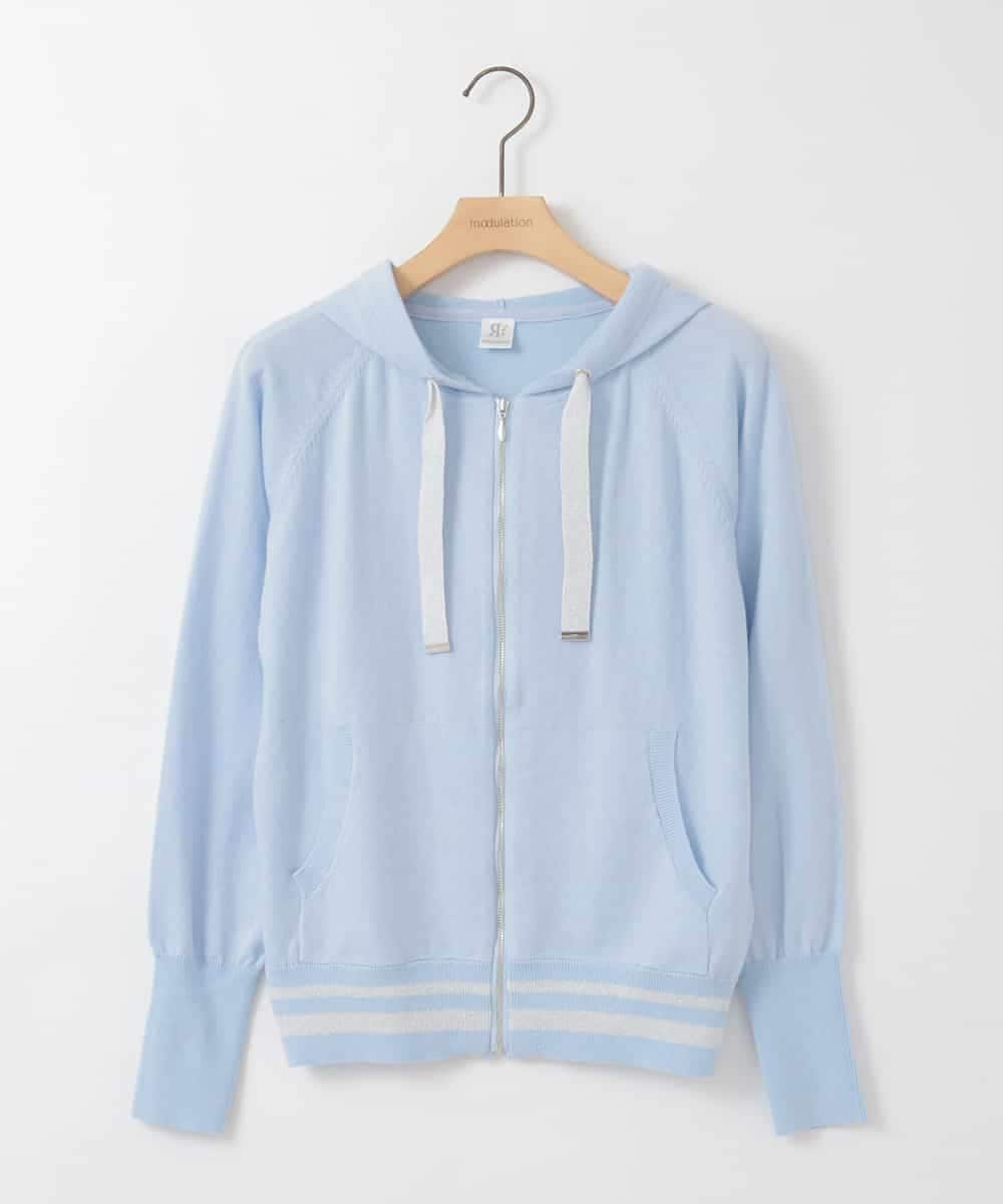 ZMSGE13140 al'aise modulation(アレーズモジュレーション) 【洗える】配色ラメボーダーフーディーニットパーカー ライトブルー